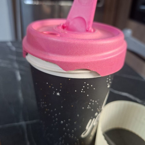 Tupperware and Bamboocup coffee cups used, broken lid on Bamboo cup
