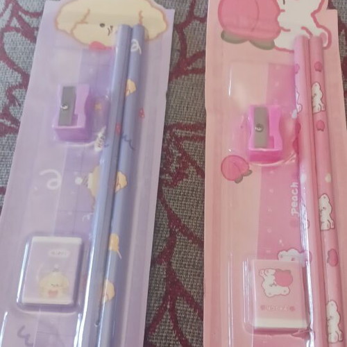 Stationery set with 2 pencils, eraser, ruler, sharpener, purple and pink