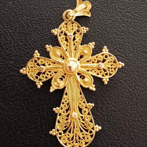 Handmade Byzantine Filigree Cross Gold 14K Vintage Antique