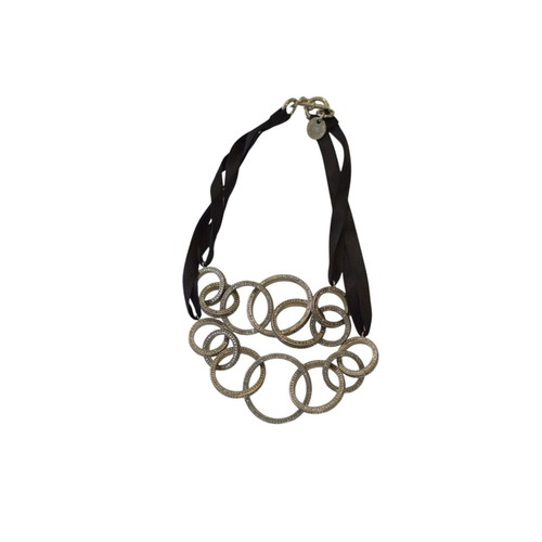 Michael Teperson necklace with black ribbon, silver tone rings and crystals used