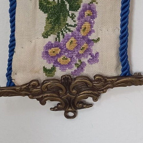 Handmade embroidered wall decor used, vintage 1950s linen fabric