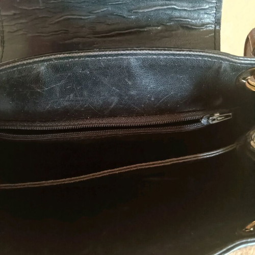 Leather shoulder bag used, black with brown details
