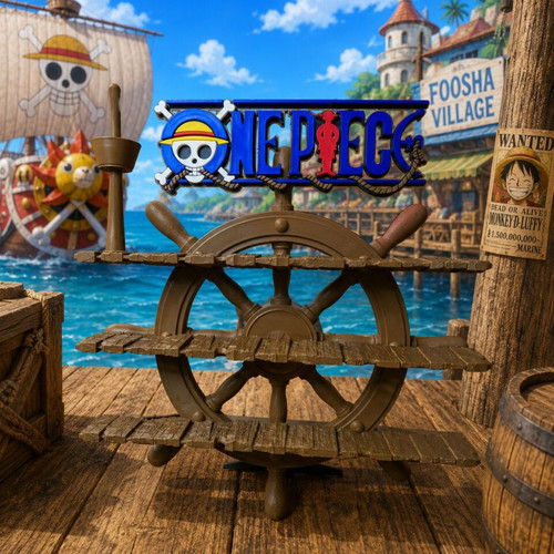 One Piece decorative display base with wooden ship wheel
