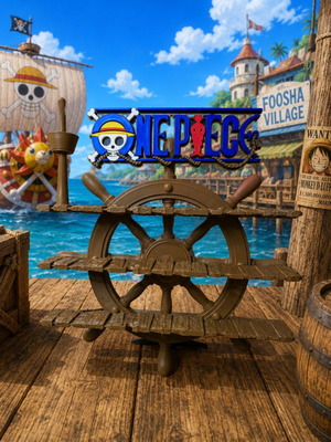 One Piece decorative display base with wooden ship wheel