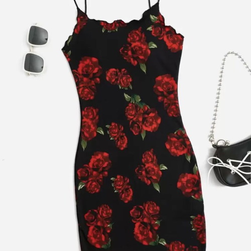 Shein dress XS black with red roses new