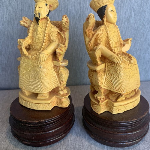 Asian emperor and empress figurines used, polyresin on wooden bases