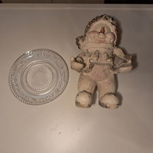 Christmas decoration set with snowman figure and glass serving plate new