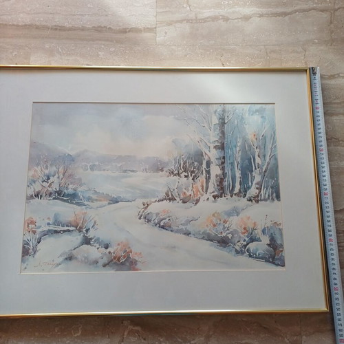 Watercolor painting winter landscape with gold frame, new