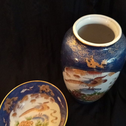 Vintage porcelain set Royal Satsuma vase and bowl cobalt and gold like new