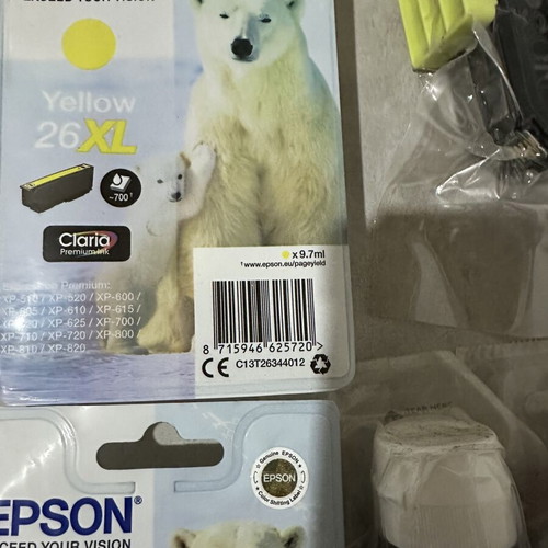 HP GT53XL black ink bottles 135ml, Epson 26XL cyan and yellow ink cartridges