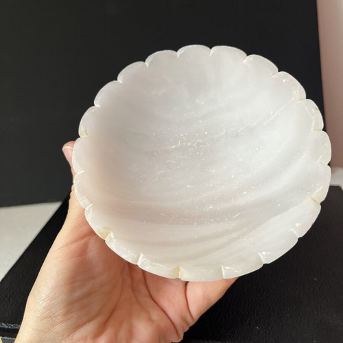 Vintage Italian Pedestal Bowl made of Genuine Pink Alabaster, hand-carved, used
