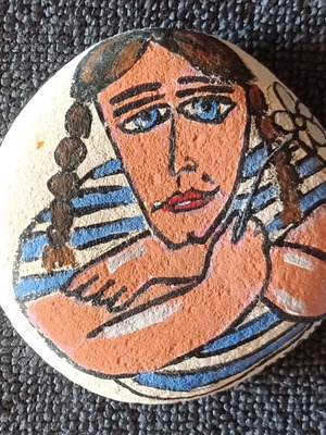 Painted stone girl with striped shirt, new