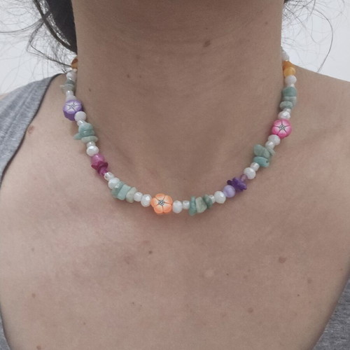 Necklace with colorful fimo flowers and steel clasp new