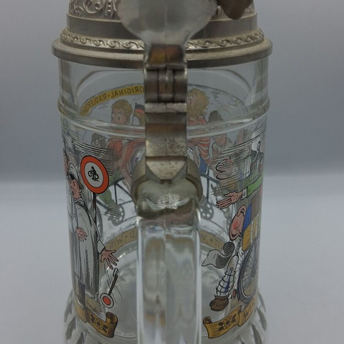 Vintage German Glass Beer Stein with Bicycle Bell Lid BMF Radlerseidel