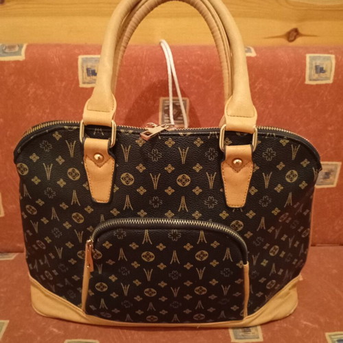 Black handbag with brown monogram pattern, No Name