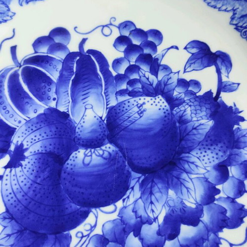Faience platter used, large 32 cm plate with blue pumpkin design