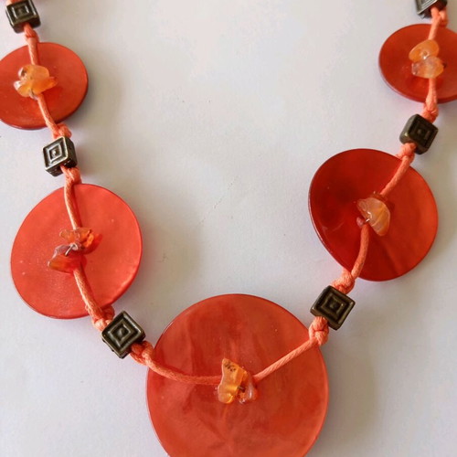 Handmade necklace new, orange with buttons and silver details