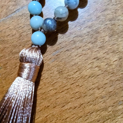Handmade mala with 108 semi-precious beads, turquoise and gray