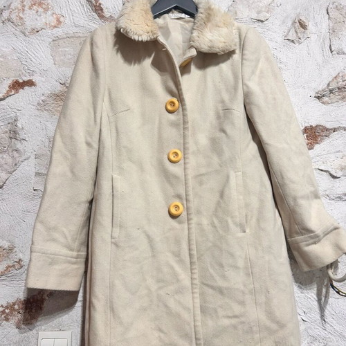 Topshop Petite Cream Long Coat used, faux fur collar, size L