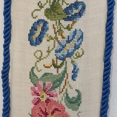 Handmade embroidered wall decor used, vintage 1950s linen fabric