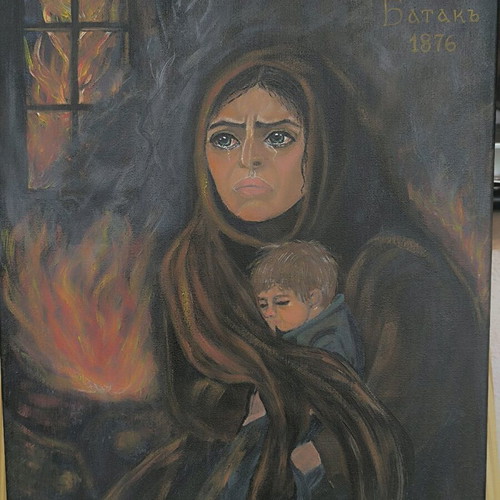Painting Last Embrace new, acrylic on canvas, Batak massacre