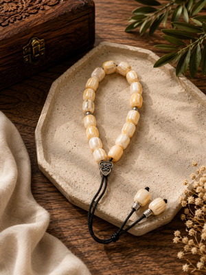 Handmade Komboloi ZA017 Resin Pink Salmon with White Waves and Carved Metal Crest