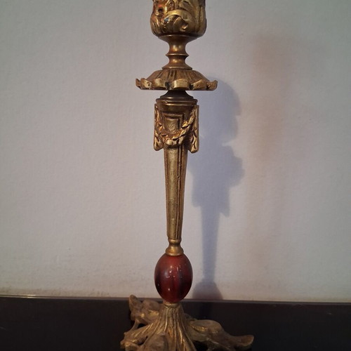 Brass Candlestick with Tripod Base used, detailed decoration