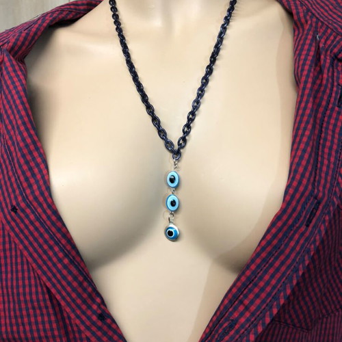 Chunky Dark Blue Evil Eye Chain Necklace new, Y2K alternative jewelry