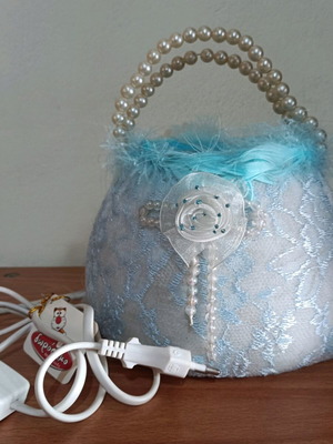 Vintage early 00s handbag lamp new with blue lace, feathers and pearls