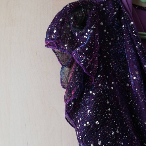 Jumpsuit with V neckline and ruffles, purple, size small, like new