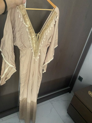 Shine beige one-piece new with gold embroidery and fringes