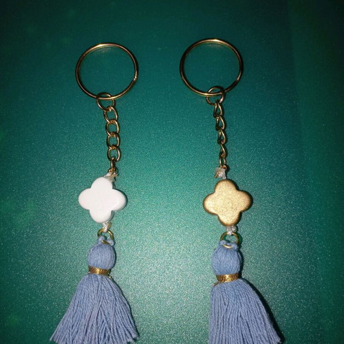 Set of 2 Keychains Light Blue Pom Pom, Wooden White and Gold Cross New, Handmade, for bag