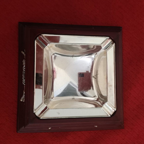Metal ashtray used with wooden base silver color