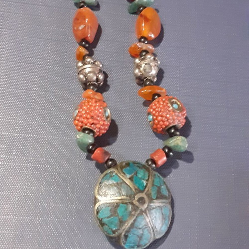 Old Tibetan Nepal necklace with stones and turquoise and coral glass beads new