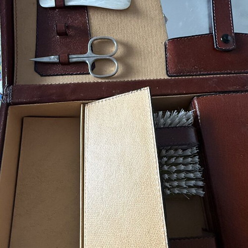 Leather travel grooming and shoe care set used