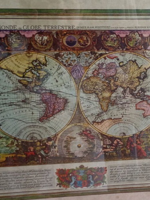 Framed vintage map of two hemispheres used