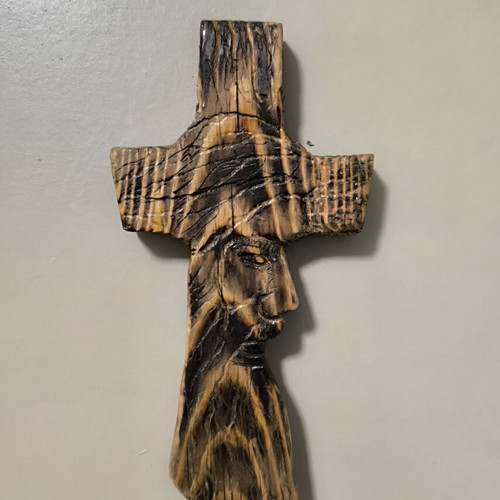 Handmade Wooden Wall Cross with Jesus Carving 25x12 cm like new