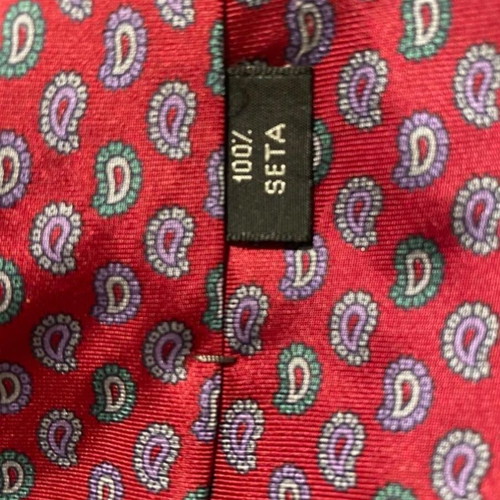 Silk tie Oxford Company used, red with green and purple paisley