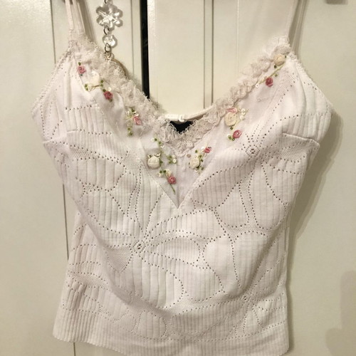 Zinas bustier top used, embroidered with stones, roses, paillettes, white, size S
