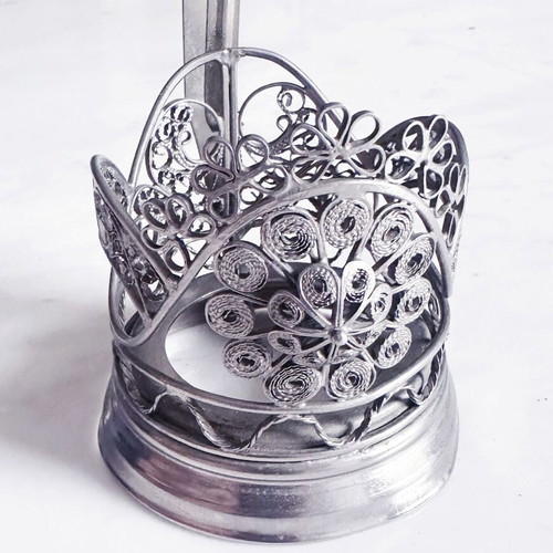 Soviet Silver-Plated Filigree Tea Glass Holders Pair Used