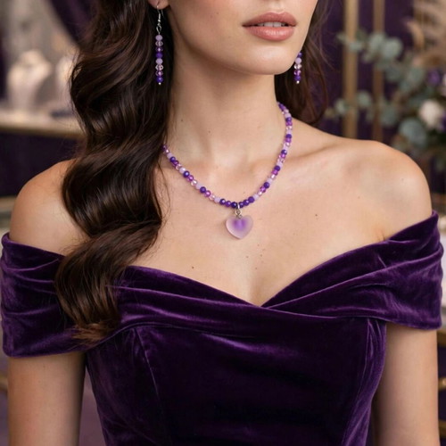 Handmade purple crystal elegant necklace and earrings set