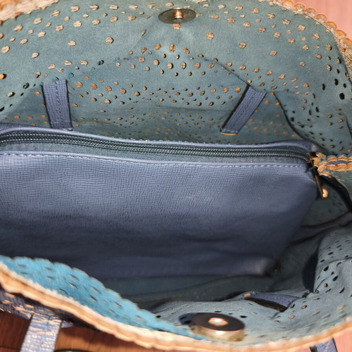 Hunter tote bag, blue, perforated details, detachable inner pouch