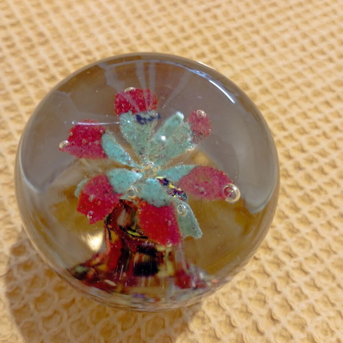 Vintage glass paperweight with handmade 3D red flower motif