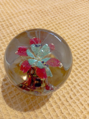 Vintage glass paperweight with handmade 3D red flower motif