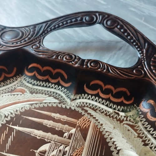 Copper serving tray used with Istanbul landmarks and floral designs
