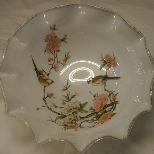 Vintage fruit bowl used, double white glass with swallows
