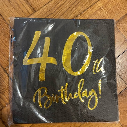 40th birthday napkins black with gold, pack of 20, new