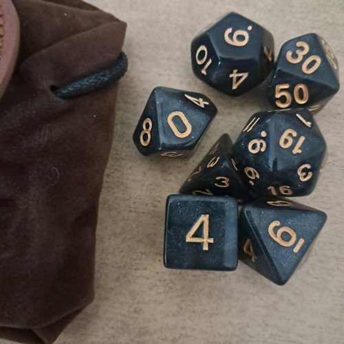 Runic leather dice bag with black marbled D&D dice set