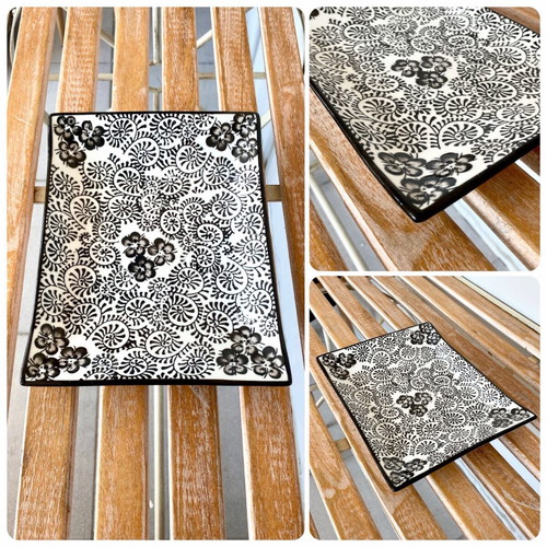 Ionian porcelain platter with black and white designs 24.5x9cm new