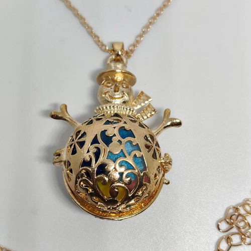 Snowman Pendant Necklace with Colorful Pom Poms like new, gold tone
